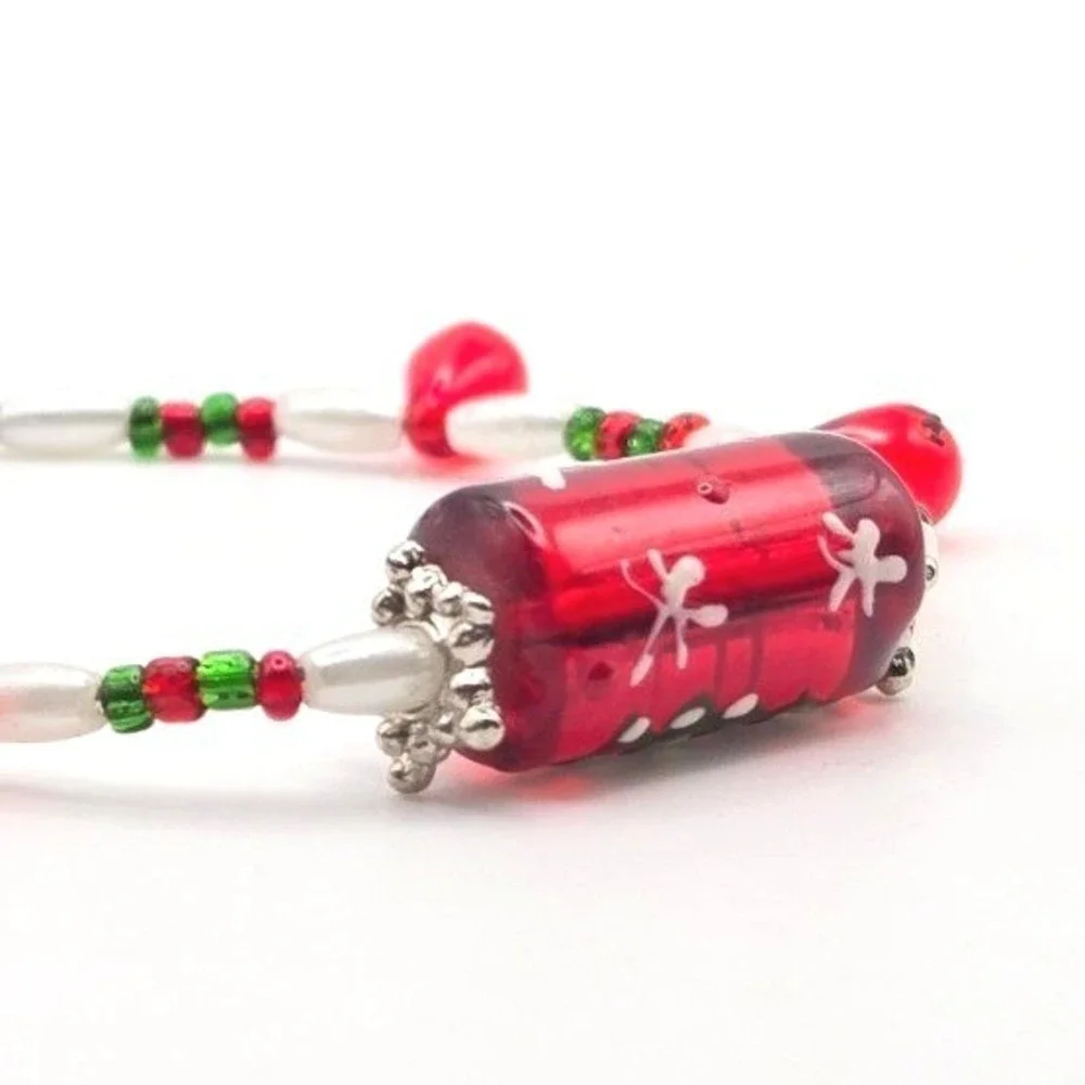 Christmas Tree Glass Bead Bracelet Red‎ Green White Festive Holiday Jewelry Kids